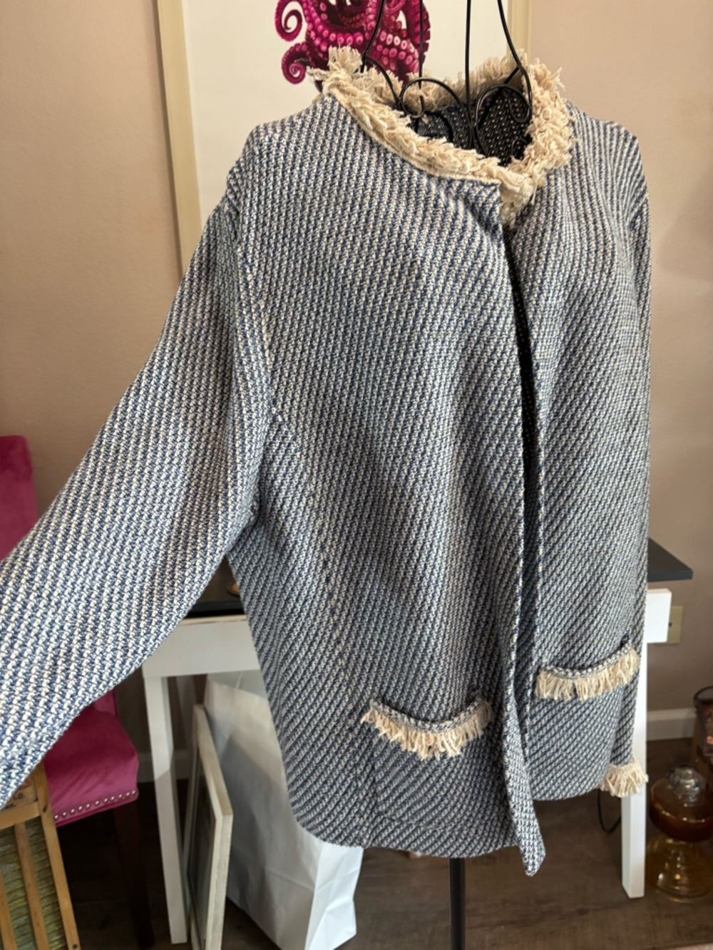 NIC+ZOE Navy and Cream Fringe Trim Open Cardigan - Picture 2 of 10